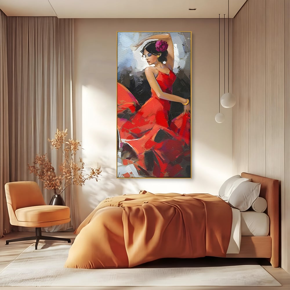 Tablou canvas cu tablou canvas cu dansatoare in rochie rosie, in rama de aluminiu auriu, pe perete intr-un dormitor